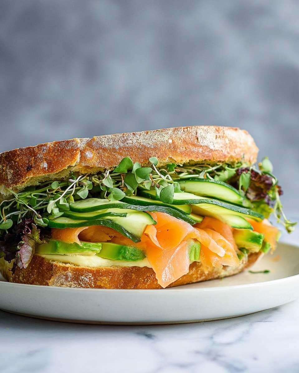 A sandwich is shown on a white plate, with a crusty golden-brown bread slice on top and bottom. The bottom layer holds bright green leafy lettuce and light green sprouts. Above that, there are thin folds of orange-pink smoked salmon. The top section contains long green cucumber slices, both thin ribbons and chunk slices, with a layer of creamy light yellow spread just under the top bread slice. The sandwich rests against a white marbled surface, and the background is a soft grey. photo taken with an iphone --ar 4:5 --v 7