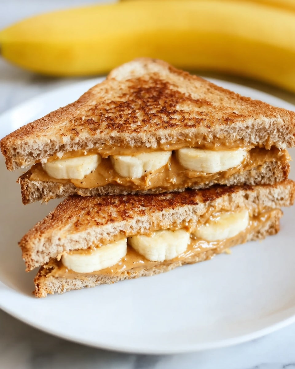 The image shows a white plate with four triangular slices of toasted sandwich stacked slightly overlapping. Each sandwich slice has a brown, crispy texture with a golden crust and peanut butter visible inside. On top of the sandwiches, there are three round slices of banana placed in the center. Powdered sugar is sprinkled over the sandwiches and plate, adding a light white dusting. The plate is set on a white marbled surface with a banana partially visible in the background. photo taken with an iphone --ar 4:5 --v 7