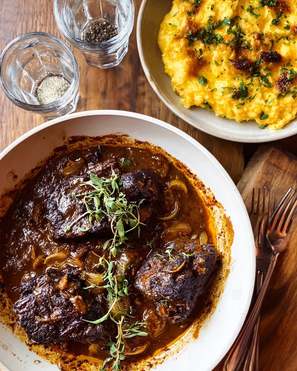 The image shows a white bowl filled with two main layers: on the left side, there are tender pieces of dark brown braised meat with a glossy sauce and small green herb leaves on top, and on the right side, there is a golden, crispy, and chunky layer of cooked potatoes with some browned edges and green herbs sprinkled over. A silver fork rests on the potato side of the bowl, partly digging into the food. In the background, there is a second white bowl with the same potato dish, and both bowls are placed on a wooden table with a beige cloth partially visible. Photo taken with an iphone --ar 4:5 --v 7