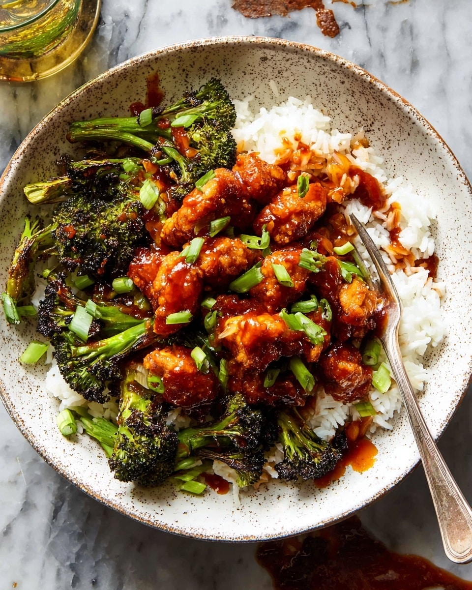 A white plate holds a serving of white rice topped with dark green roasted broccoli and pieces of crispy fried chicken coated in a bright orange sauce. The chicken pieces are scattered unevenly on top of the rice, with some green scallion slices sprinkled over everything. A few spots of white creamy sauce are drizzled on top of the chicken. A silver fork rests on the edge of the plate on the right side. The whole plate is placed on a white marbled surface with a glass jar filled with an orange sauce visible to the left. photo taken with an iphone --ar 4:5 --v 7