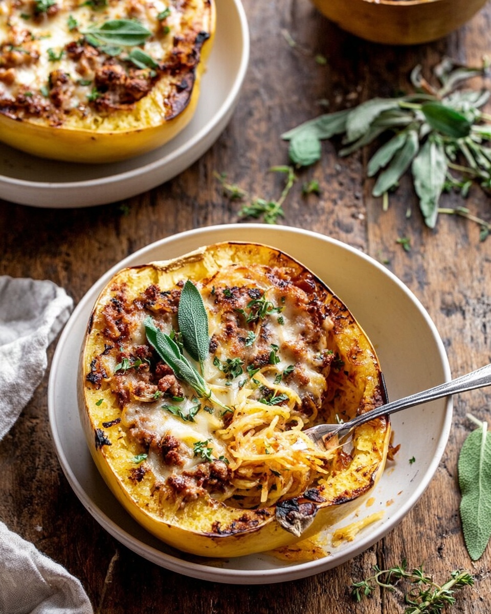 A close-up view of a baked stuffed spaghetti squash half resting in a white bowl, showing three layers: the outer yellowish squash shell with toasted edges, a middle layer of golden-brown melted cheese with some browned spots, and a top layer of finely shredded spaghetti squash mixed with ground meat sauce, sprinkled with fresh green herbs and garnished with whole sage leaves. A silver fork is inserted into the squash, lifting some strands, and the bowl sits on a rustic wooden table with scattered herbs around. In the background, another white bowl holds a whole baked spaghetti squash half, similarly topped with melted cheese and sage leaves. Photo taken with an iphone --ar 4:5 --v 7