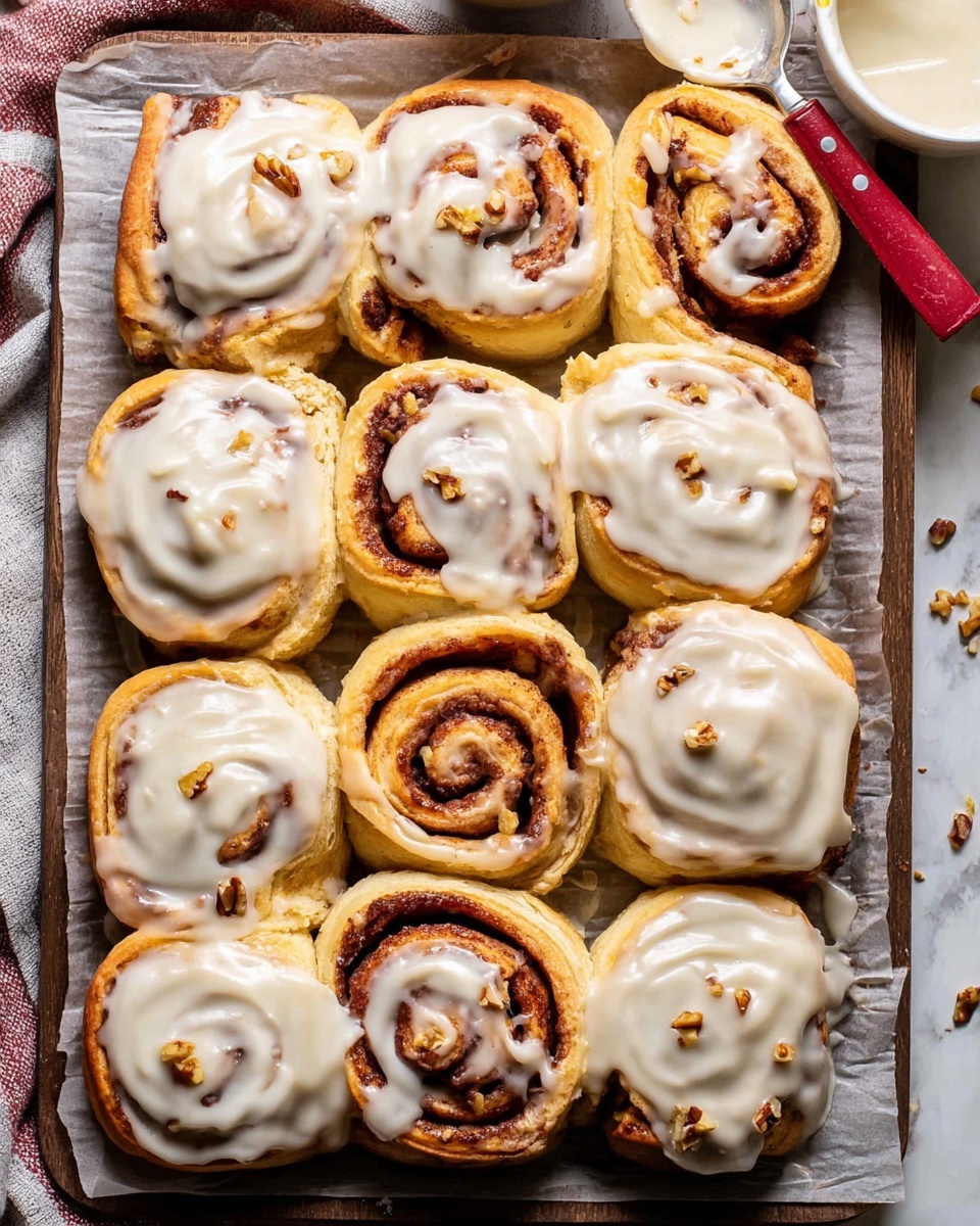 The image shows a cinnamon roll on a white plate with four torn pieces of the roll placed around it. The cinnamon roll is golden brown with visible cinnamon swirls and topped with a thick layer of creamy light beige icing that slightly drips down the sides. Small bits of what looks like apple or nuts are scattered on and around the roll, adding texture. The plate is placed on a wooden surface with a dark blurred background, creating a warm, cozy atmosphere. Photo taken with an iphone --ar 4:5 --v 7
