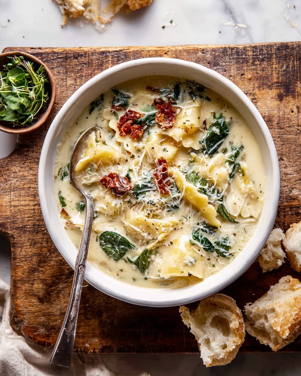 A white bowl filled with creamy soup showing three layers: the base is a smooth, pale cream broth with black pepper sprinkled throughout; scattered on top are folded ravioli pasta with slightly ruffled edges, pale yellow with a soft texture; resting on and around the pasta are pieces of dark green leafy spinach and rich red sun-dried tomatoes; light shavings of white cheese are spread over the soup, adding texture, all placed on a wooden board with a piece of crusty bread beside it on a white marbled surface. Photo taken with an iphone --ar 4:5 --v 7