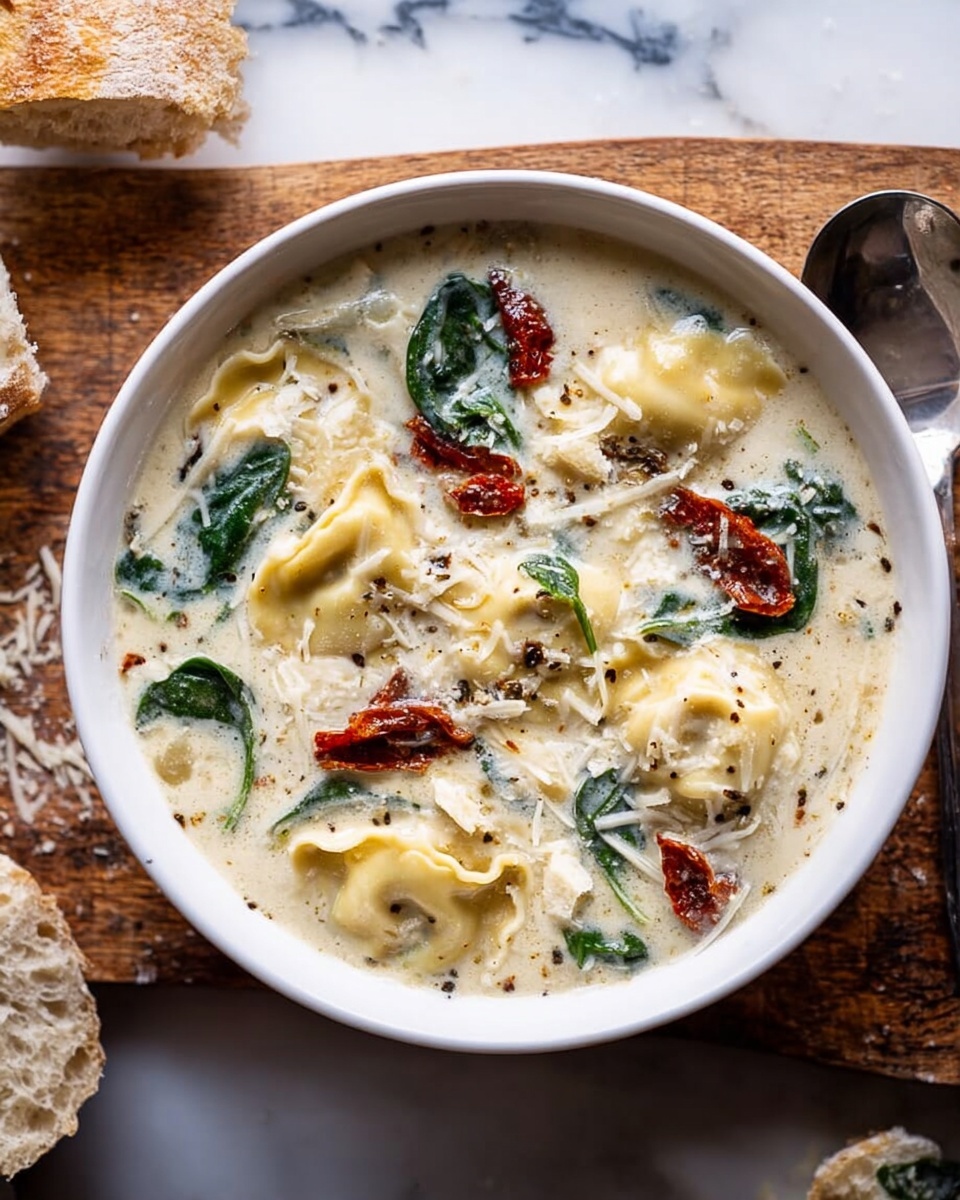 A white bowl filled with creamy soup containing three main visible layers: large ravioli pasta with yellowish edges floating on top, wilted dark green spinach leaves scattered throughout, and pieces of red sun-dried tomatoes adding color contrast. The soup base is light creamy with black pepper specks, creating a textured look. Thin shavings of pale white cheese are sprinkled over the top, partially melted into the soup. The bowl is placed on a wooden board with a white marbled surface around it, accompanied by a small torn piece of crusty bread nearby. photo taken with an iphone --ar 4:5 --v 7