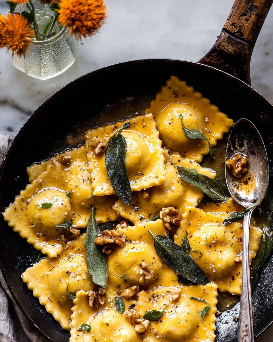 The image shows a black pan filled with multiple pieces of golden-yellow ravioli that have a slightly shiny, smooth surface and crimped edges. The ravioli are coated in a glossy brown butter sauce with visible specks of black pepper. Among the pasta pieces, there are dark green, crispy sage leaves scattered on top, along with small chunks of light brown toasted walnuts. A silver spoon rests on the right side inside the pan, partially covered in the sauce. In the background, there is a white marbled surface with a short clear glass holding small orange flowers and one woman's hand gently holding a single flower near the glass. Photo taken with an iphone --ar 4:5 --v 7