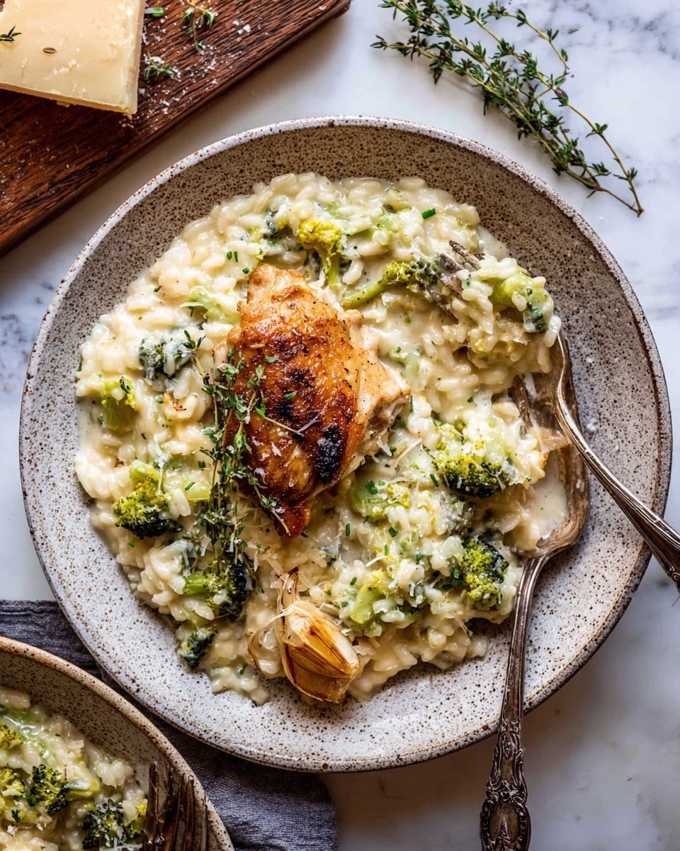 A speckled white plate holds a creamy risotto mixed with green broccoli florets scattered throughout. On top, there is one piece of golden-brown roasted chicken placed slightly off-center, surrounded by small green herb sprigs. A roasted garlic clove rests near the bottom edge of the plate. Two antique silver spoons lie crisscrossed over the risotto, with a woman's hand lifting one spoon. The plate sits on a white marbled surface, and in the top corner, a block of cheese with a sprig of thyme lies on a wooden board. Photo taken with an iphone --ar 4:5 --v 7