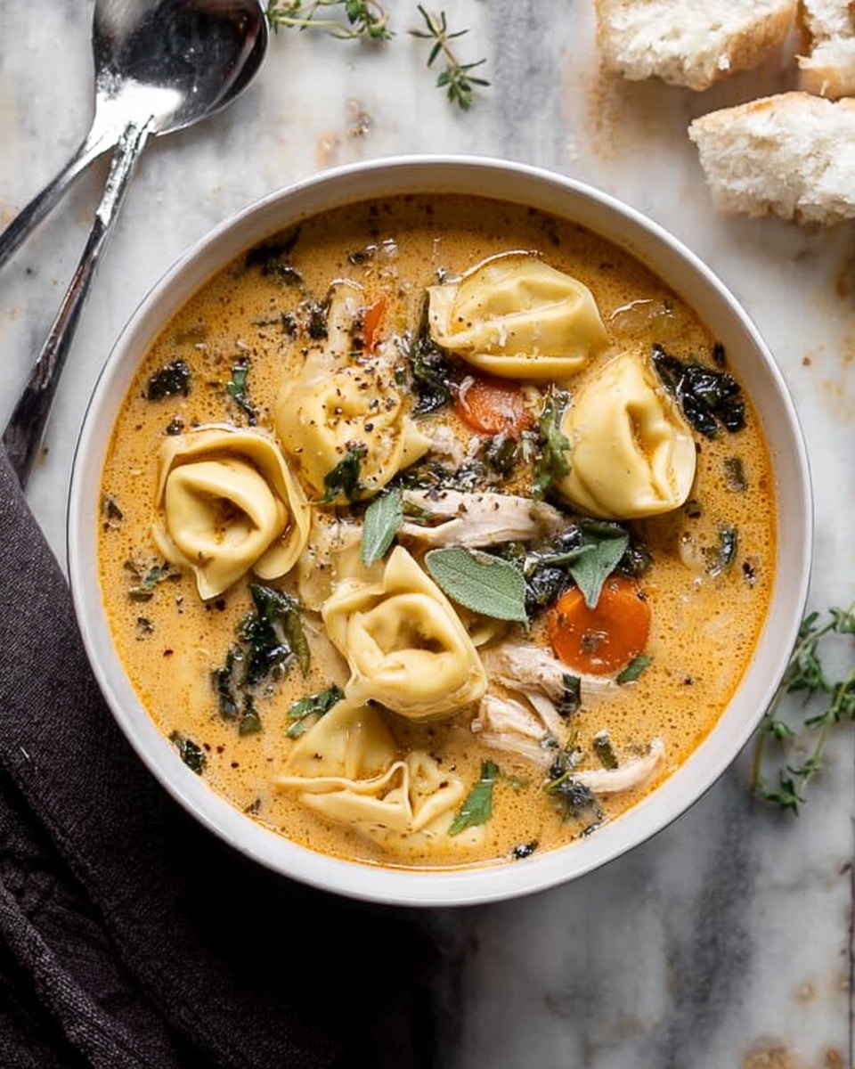 A white bowl sits on a white marbled surface, filled with a creamy orange soup that has visible black pepper specks and herbs. Floating on top are several yellow tortellini pieces, each showing their folded shape with smooth, slightly glossy texture. Scattered within the soup are dark green leafy vegetables and soft, small orange carrot slices. Thin pale slices of meat lay across the soup, topped with small fresh green herb sprigs. A piece of crusty bread with a soft, airy inside rests beside the bowl on the white marbled surface. The lighting is soft, making the textures and colors look fresh and inviting. photo taken with an iphone --ar 4:5 --v 7
