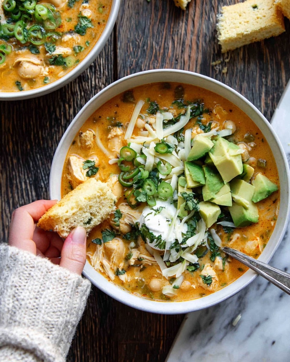 A white bowl filled with a creamy orange soup that has visible chunks of chicken and beans. The soup is topped with layers of cubed green avocado, shredded white cheese, sour cream in the center, chopped green onions, and fresh chopped cilantro scattered across the surface. A silver spoon rests inside the bowl on the left side. The bowl sits on a dark wooden table with a white marbled texture cloth partially under it and some crumbs and a piece of bread nearby. The photo taken with an iphone --ar 4:5 --v 7