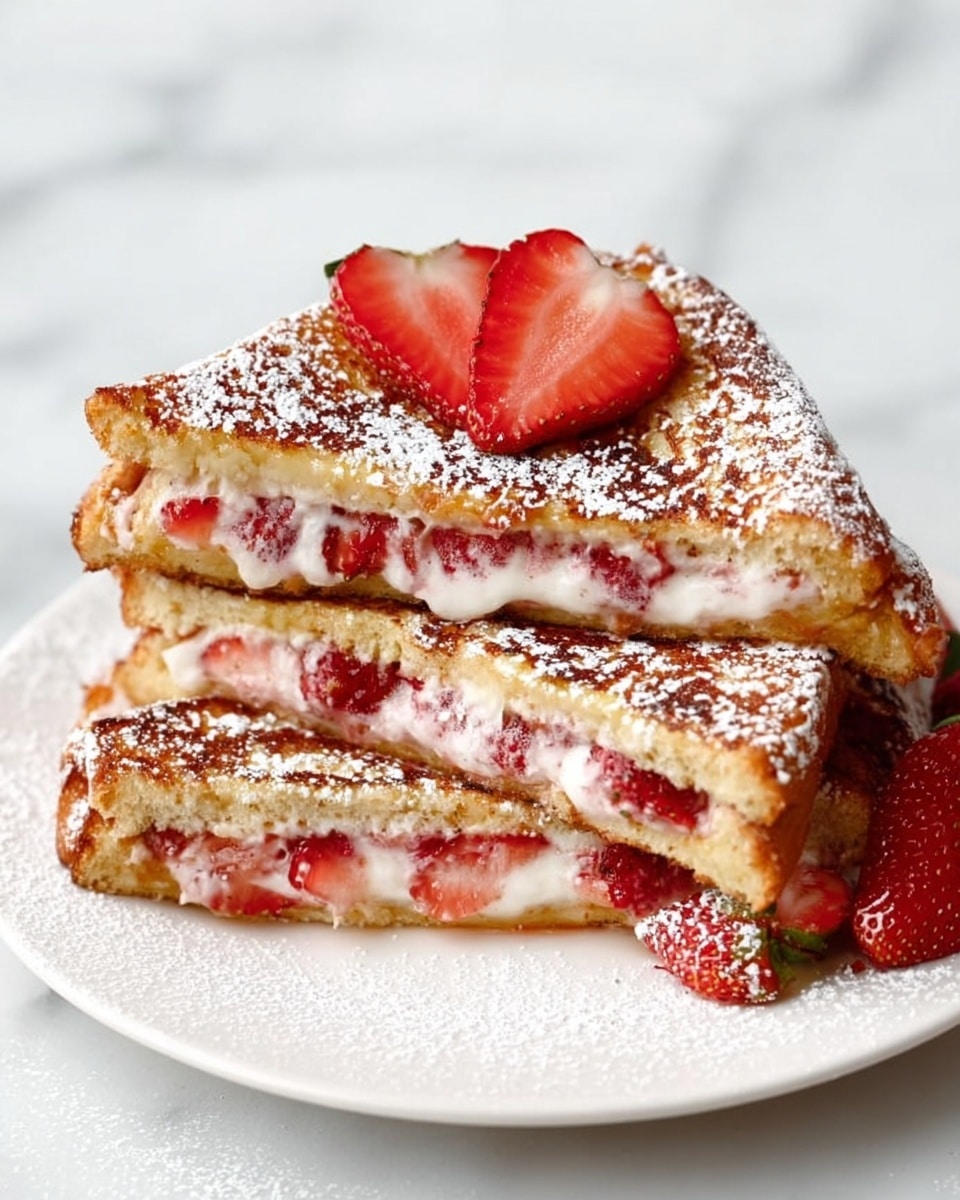 The image shows three triangular slices of a sandwich stacked on a white plate, each slice filled with creamy cheese and pieces of red strawberries visible inside. The sandwich bread is golden brown and toasted, with a dusting of white powdered sugar covering the top and edges. On top of the stack, there are fresh strawberry halves adding a bright red contrast. The plate sits on a white marbled surface, and the overall look is clean and bright with soft natural light. photo taken with an iphone --ar 4:5 --v 7