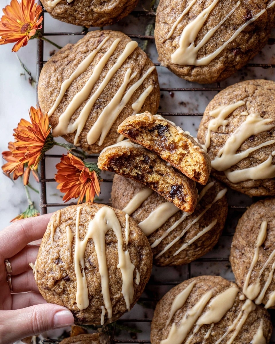 The image shows many soft brown cookies with a slightly wrinkled texture placed on a metal rack. Each cookie has a light beige drizzle of icing on top, unevenly spread in thin lines across the round surface. One cookie is broken in half, revealing a dense, moist inside with dark bits. A woman's hand holds the broken half above one whole cookie, showing a close look inside. Small orange flowers are placed to the side, adding a pop of color on the white marbled surface under the rack. Photo taken with an iphone --ar 4:5 --v 7