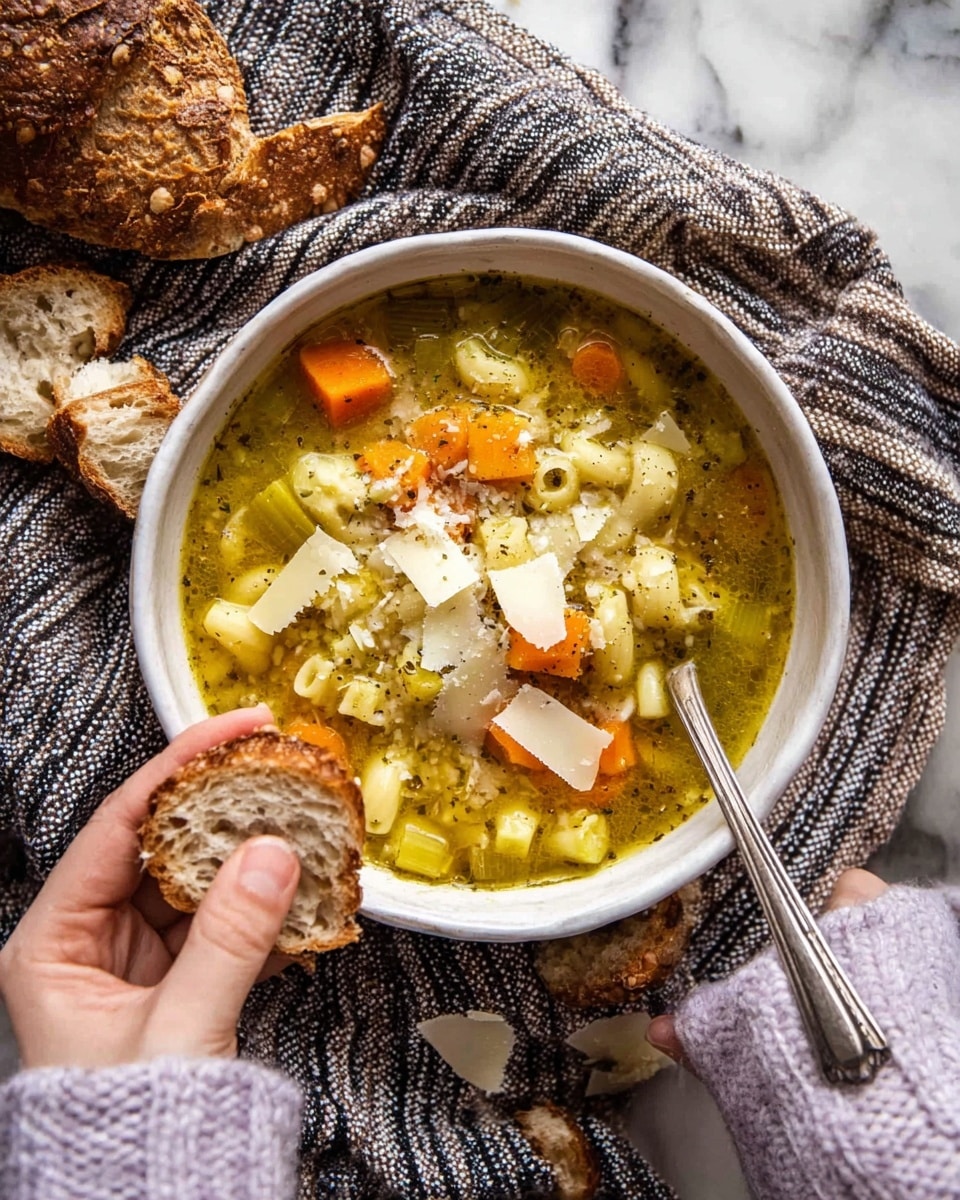 A close-up of a steaming hot pot filled with thick soup showing several layers of ingredients: a light brown broth at the base, floating on top are soft yellowish noodles, small orange carrot pieces, light green celery chunks, and tender shredded chicken pieces, all mixed with visible dark green herbs spread unevenly on the surface. The pot is dark with a textured handle, against a white marbled texture background, creating a warm and rustic feel. Photo taken with an iphone --ar 4:5 --v 7