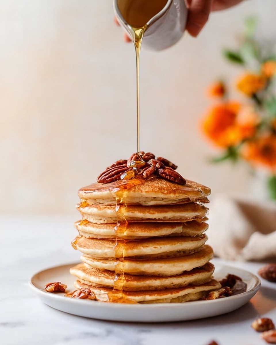 A tall stack of eight golden brown pancakes sits centered on a round white plate, each pancake thick and fluffy with smooth edges. The top pancake is glazed with shiny syrup that drips softly down the sides, and a few whole pecans are placed on top as decoration. A silver fork rests on the plate in front of the pancakes. Scattered pecans lie close to the plate on a white marbled surface. In the background, out of focus, there are orange flowers adding a warm touch. photo taken with an iphone --ar 4:5 --v 7