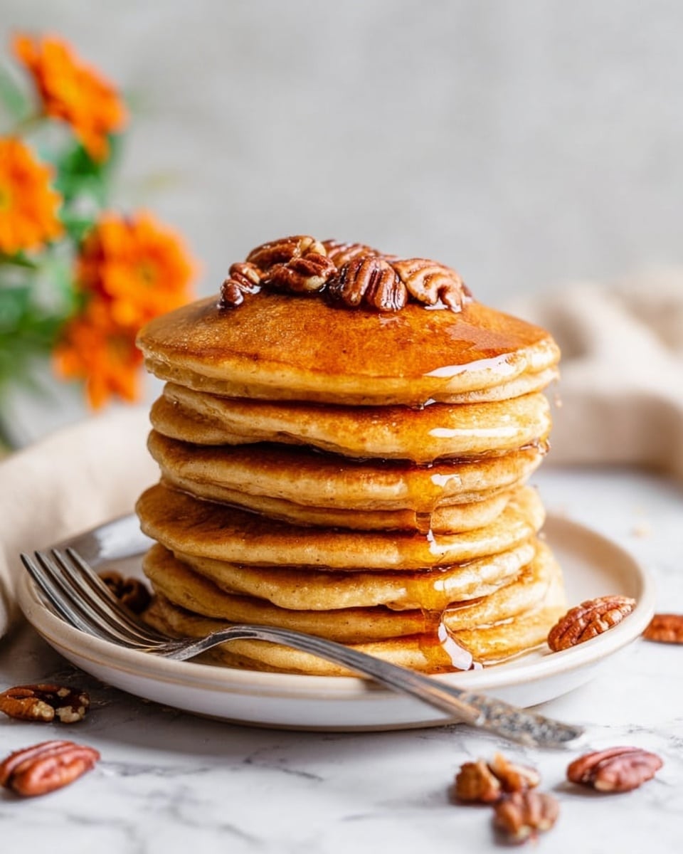 A stack of about seven golden brown pancakes sits centered on a white plate. Each pancake has a smooth, slightly fluffy texture with light brown edges. On top of the stack is a drizzle of golden syrup that gently flows down the sides, with three whole pecans resting on the syrup at the peak. The plate is on a white marbled surface, and next to it is a fork partially shown with a woman's hand holding it. In the background, there are blurred orange flowers adding a warm tone. photo taken with an iphone --ar 4:5 --v 7