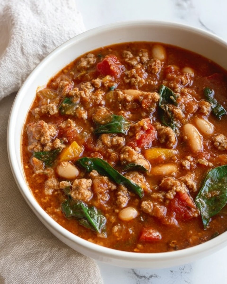 A white speckled bowl holds a rich, thick chili made with small white beans, browned ground meat, diced tomatoes, and green bell pepper pieces. On top, there is a smooth, creamy layer of several slices of ripe avocado fanned out on one side. A dollop of white sour cream sits near the center, slightly melting into the chili, with a silver spoon resting beside it in the bowl. Fresh green cilantro leaves are scattered on top for garnish. The bowl is set on a light-colored cloth, with a soft, white marbled background visible. Photo taken with an iphone --ar 4:5 --v 7