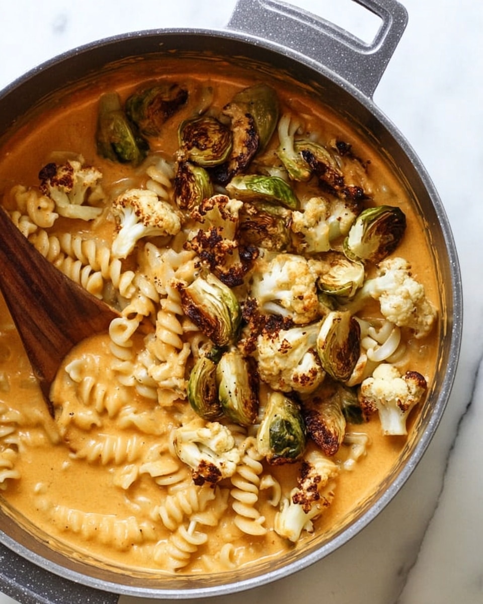 The image shows a pot filled with a creamy pasta dish featuring spiral rotini pasta swirled throughout a thick orange sauce. Floating across the sauce are browned roasted cauliflower florets and green Brussels sprouts, some with a caramelized dark finish. A wooden spoon with a slender, smooth handle dips slightly into the sauce on the right side of the pot. The pot sits on a white marbled surface, adding a clean background to the warm, comforting colors of the food. Photo taken with an iphone --ar 4:5 --v 7