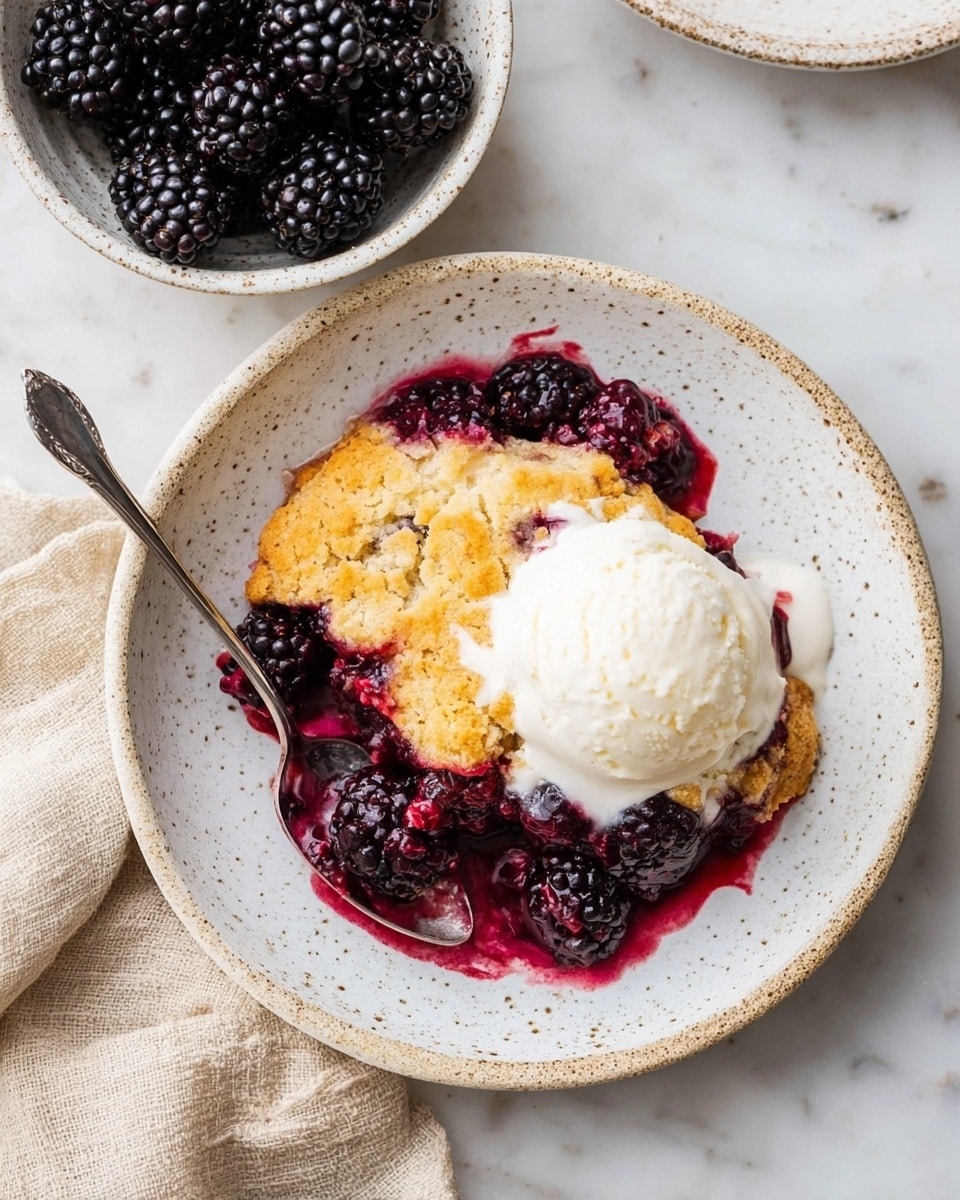 A white speckled plate holds a dessert with three main layers: a bottom layer of deep red-purple cooked blackberries with thick juice, a middle layer of golden brown soft biscuit topping covering part of the berries, and a top layer of creamy white ice cream melting slightly over the biscuit and berries. A silver spoon rests on the plate, with the tip touching the dessert. In the top left corner, a small white speckled bowl filled with fresh blackberries sits on a beige cloth, all placed on a white marbled surface. photo taken with an iphone --ar 4:5 --v 7