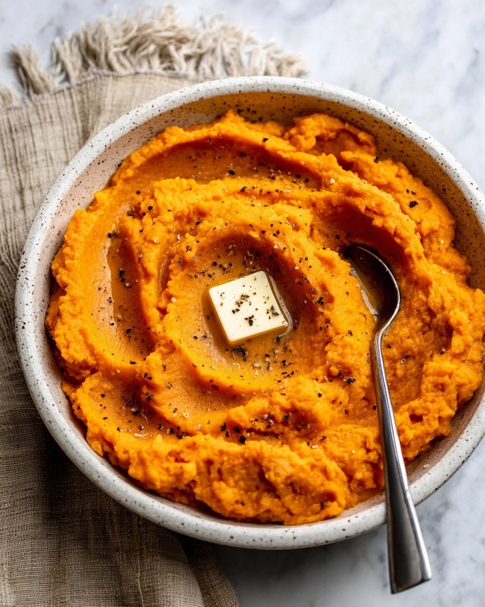 A bowl shows one thick layer of bright orange mashed sweet potatoes with a rough, creamy texture, shaped with soft swirls. In the middle, there is a square piece of melting yellow butter with small drops of melted butter around it, sprinkled with cracked black pepper. The bowl is white with small dark speckles, sitting on a white marbled background. Next to it is a small wooden container with sea salt inside. Photo taken with an iphone --ar 4:5 --v 7