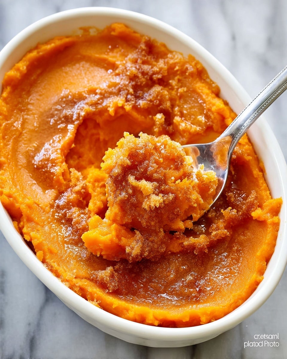 The image shows a white oval dish filled with a smooth orange sweet potato mash that has a shiny, slightly crunchy brown sugar topping unevenly spread over it. Part of the topping is broken, revealing the soft, moist orange layer beneath. A metal spoon is scooping out a portion of the dish, holding a mix of the caramelized topping and bright orange mash. The dish is placed on a white marbled surface. photo taken with an iphone --ar 4:5 --v 7