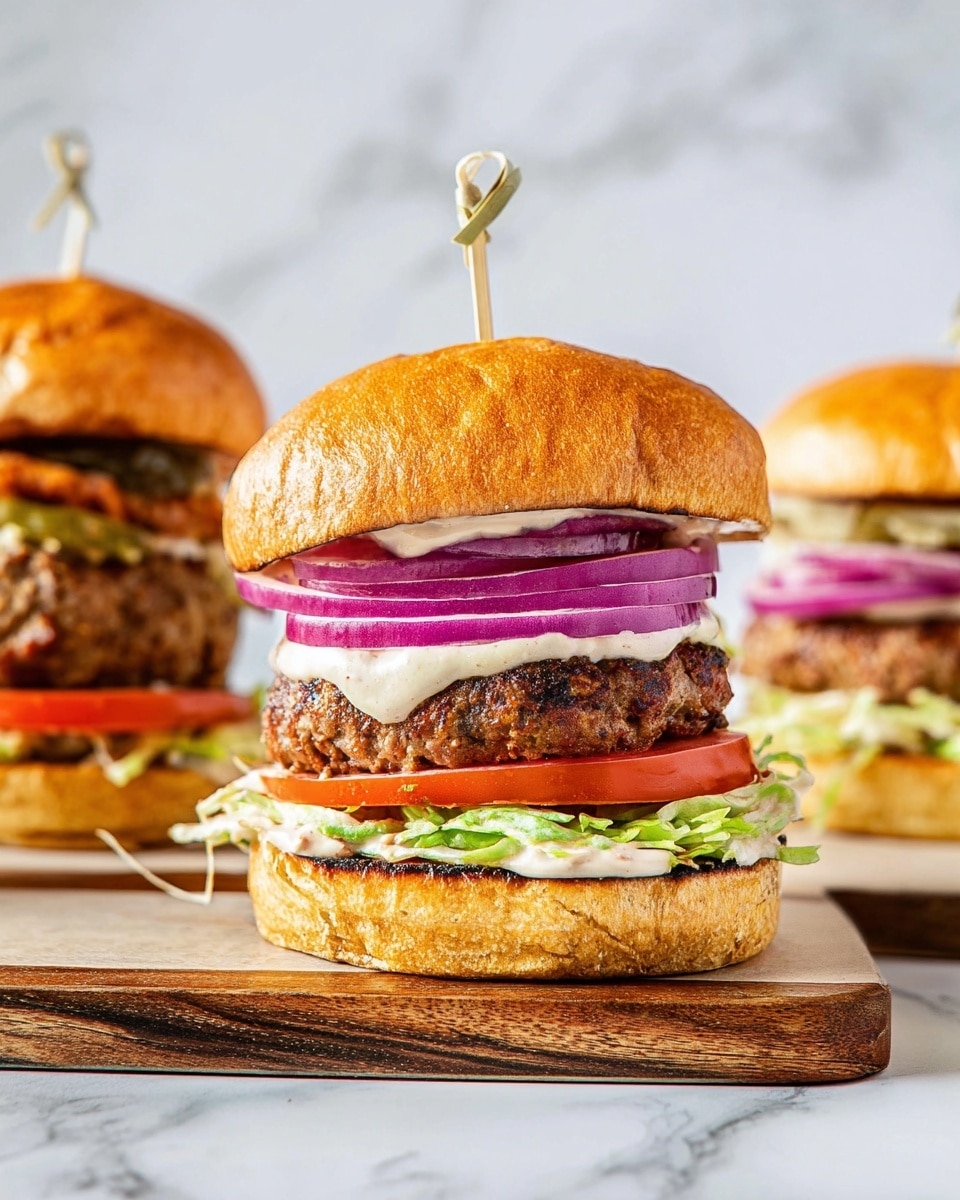 This image shows four small burgers arranged close together on white parchment paper inside a white tray with blue rim, placed on a white marbled surface. Each burger has a soft shiny golden bun on top and bottom. The bottom bun holds a thick, cooked meat patty with a browned, slightly textured surface, layered with a spread of creamy white sauce underneath. On top of each patty is a large red tomato slice, then fresh bright green lettuce leaves just under the top bun. The burgers look juicy and neatly stacked. The photo taken with an iphone --ar 4:5 --v 7