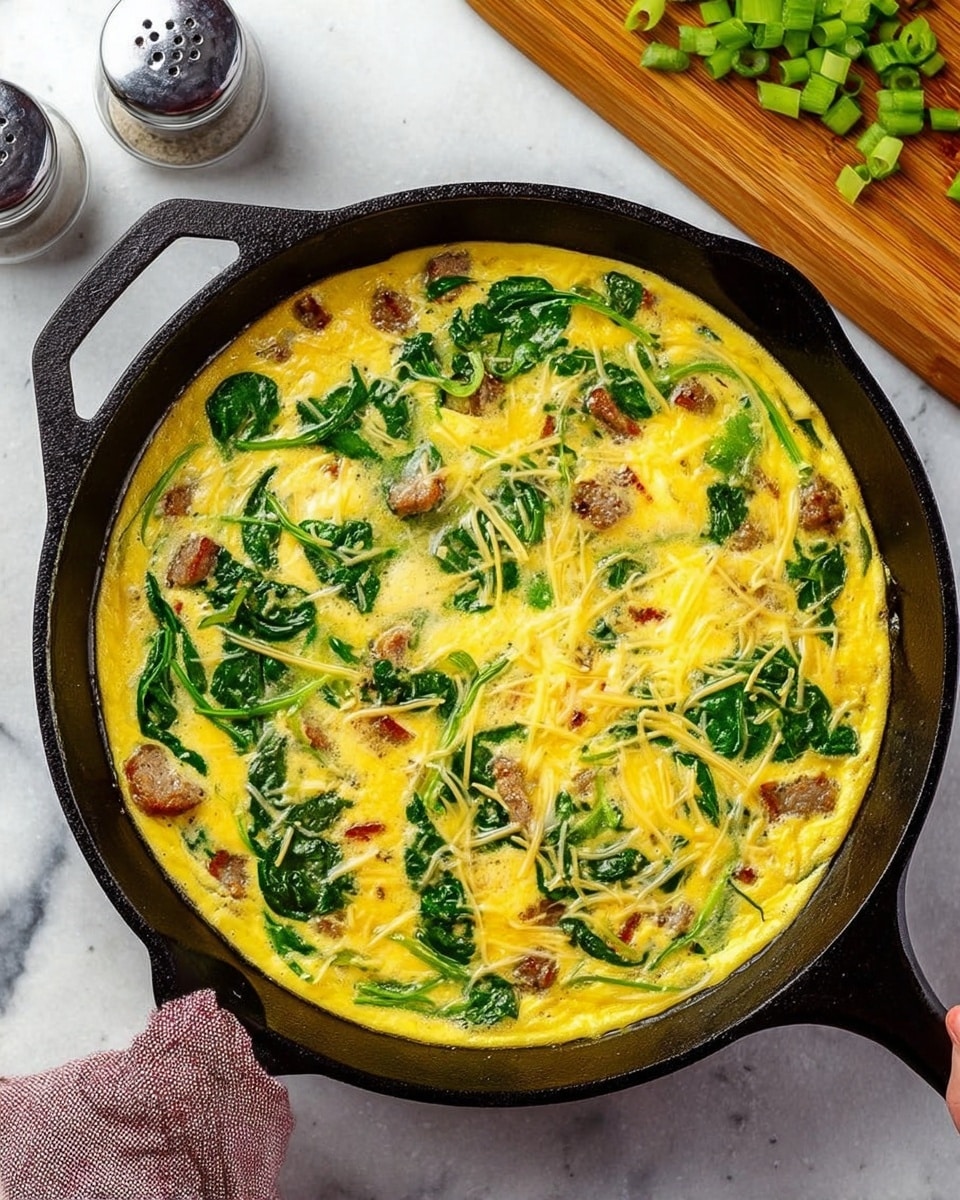 A black cast iron skillet filled with a round, yellow egg frittata that has been sliced into six pieces; the frittata contains green leafy vegetables, red tomato slices, and browned mushroom pieces spread evenly throughout. One slice is removed, showing the slightly browned edges and fluffy texture inside. The skillet sits on a white marbled surface with a white and gray striped cloth napkin beneath its handle. In the background, a white mug with dark liquid and a white plate holding a triangular slice of frittata rest on the surface. Photo taken with an iphone --ar 4:5 --v 7
