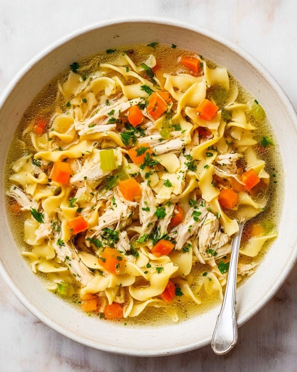 The image shows a white pot filled with chicken noodle soup. The soup has three main visible layers: yellow egg noodles at the bottom with a soft texture, shredded light beige chicken pieces scattered throughout, and diced bright orange carrots mixed evenly on top. There is a light broth with small bits of green herbs sprinkled over the soup, adding color and freshness. The pot is placed on a white marbled surface with a grey cloth nearby and some pepper grinders slightly out of focus in the background. Photo taken with an iphone --ar 4:5 --v 7