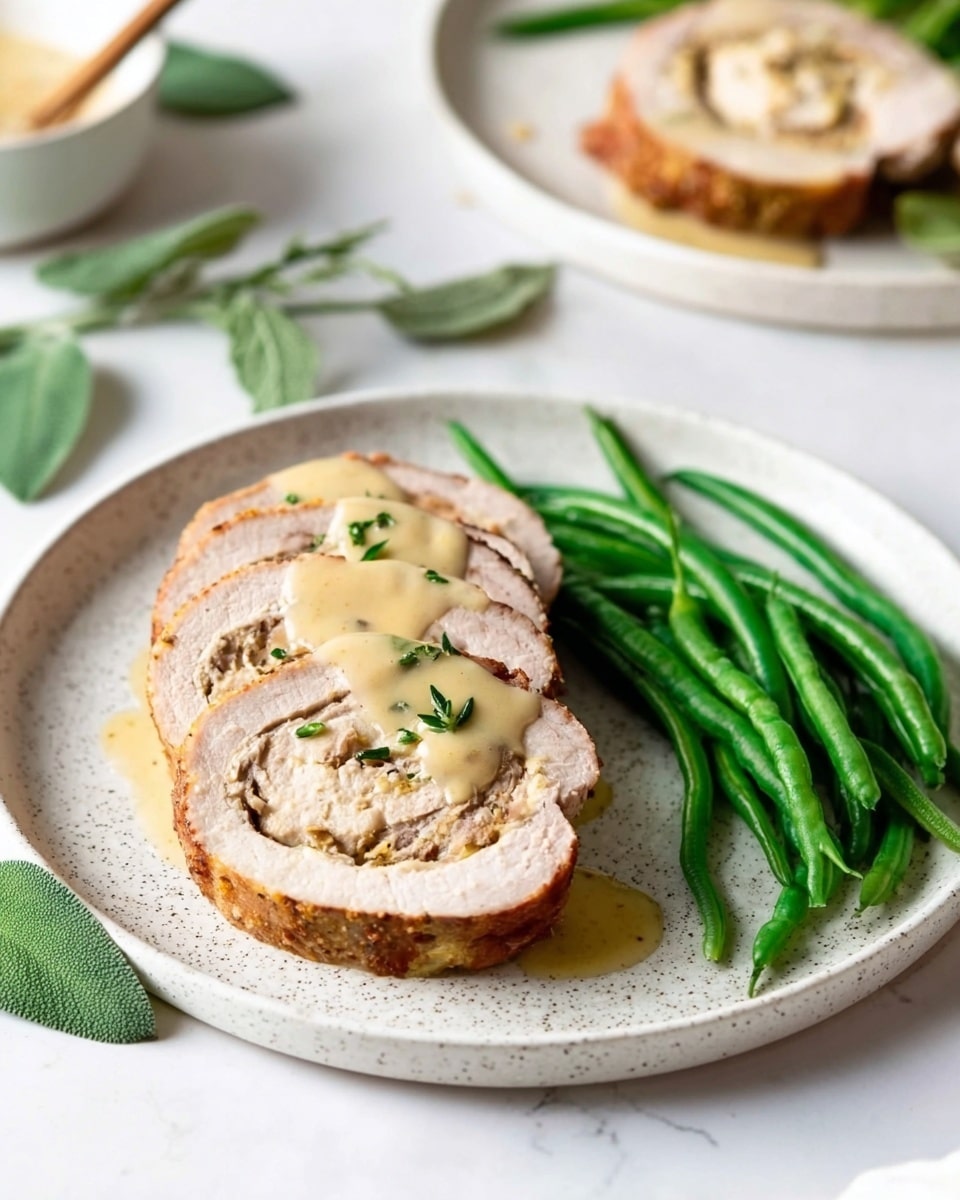 A white plate sits on a white marbled surface, holding two thick slices of light brown cooked meat with a light creamy sauce on top, sprinkled with black pepper. Beside the meat are several fresh green beans arranged neatly. A shiny metal fork and knife rest on the right side of the plate. In the background, part of an empty white plate and a light-colored drink in a glass are visible. The scene has bright natural light and a clean, simple look. Photo taken with an iphone --ar 4:5 --v 7