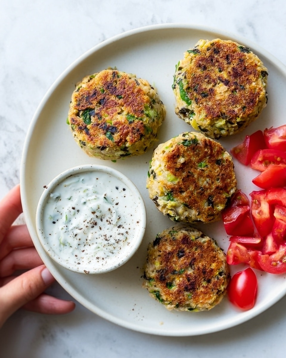 The image shows a white plate on a white marbled surface with three round golden-brown patties that have green bits inside, suggesting herbs or vegetables mixed in. The patties have a slightly crispy texture on top. On the upper right side of the plate, there are several pieces of bright red tomato cut into chunks. To the lower left side of the plate, there is a small white bowl filled with a creamy white sauce speckled with black pepper. A woman's hand is holding the bowl slightly, visible from the bottom left corner. Photo taken with an iphone --ar 4:5 --v 7