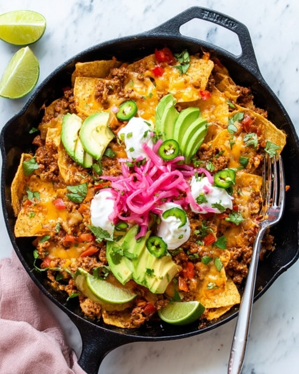 The image shows a white bowl filled with a layered dish featuring crispy yellow tortilla chips on top, golden melted cheese over the chips, and a mix of cooked ground meat with beans underneath. Bright red diced tomatoes and thin rings of red onion are scattered on top for color, with bits of fresh green cilantro leaves adding freshness. A slice of lime is placed on the side of the bowl, resting on a white marbled surface. A black spoon is partially inside the bowl, scooping some of the ingredients, and a woman's hand is lightly holding the bowl edge. photo taken with an iphone --ar 4:5 --v 7