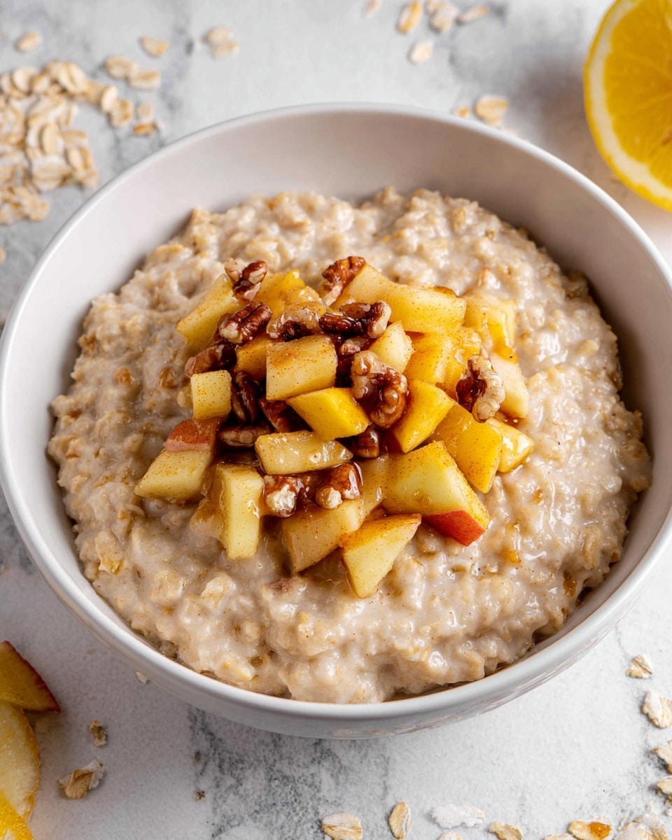 A white bowl with creamy oatmeal forming the base layer, light beige in color with a soft, smooth texture. In the center on top is a small pile of chopped cooked apples, golden orange with hints of red, mixed with crunchy brown pecans. The oatmeal surrounds the fruit and nut topping, creating a simple but inviting contrast. The bowl is placed on a white marbled surface. photo taken with an iphone --ar 4:5 --v 7