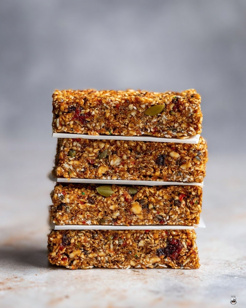 The image shows eight rectangular granola bars arranged in two rows of four on white parchment paper. The granola bars have a rough texture with visible pieces of seeds, oats, and dried fruits embedded throughout, displaying brown, dark red, and greenish colors. The parchment paper lays on a black cooling rack placed on a white marbled surface. Around the granola bars, there are small scattered pieces of dried fruit, pumpkin seeds, and two bright yellow flowers positioned at the top left and bottom right corners. In the upper right corner, a small brown bowl filled with dried cranberries is partially visible, and a light blue cloth is draped in the top left area. The whole scene has soft, natural lighting. photo taken with an iphone --ar 4:5 --v 7