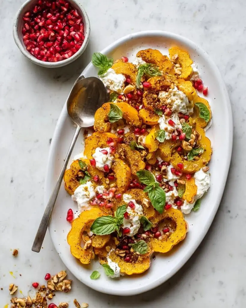 Roasted Delicata Squash with Burrata, Pomegranate and Pistachios Recipe
