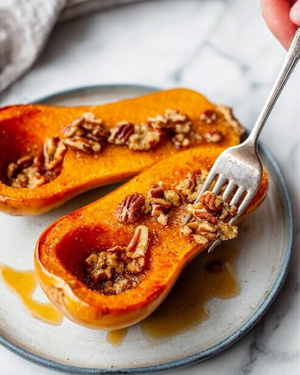 Two halves of roasted orange butternut squash are placed on a white plate with a grey rim, set on a white marbled surface. Each squash half is hollowed and filled with a mixture of chopped pecans and brown sugar, giving a textured and nutty topping. The flesh of the squash is soft and smooth, with a golden-brown crust on top where it was baked. A silver fork is stuck into the squash closest to the viewer, breaking the soft flesh, and a woman's hand holds a silver spoon over the other squash half. Small drops of syrup are spread around the plate, adding a shiny, sticky detail. Photo taken with an iphone --ar 4:5 --v 7