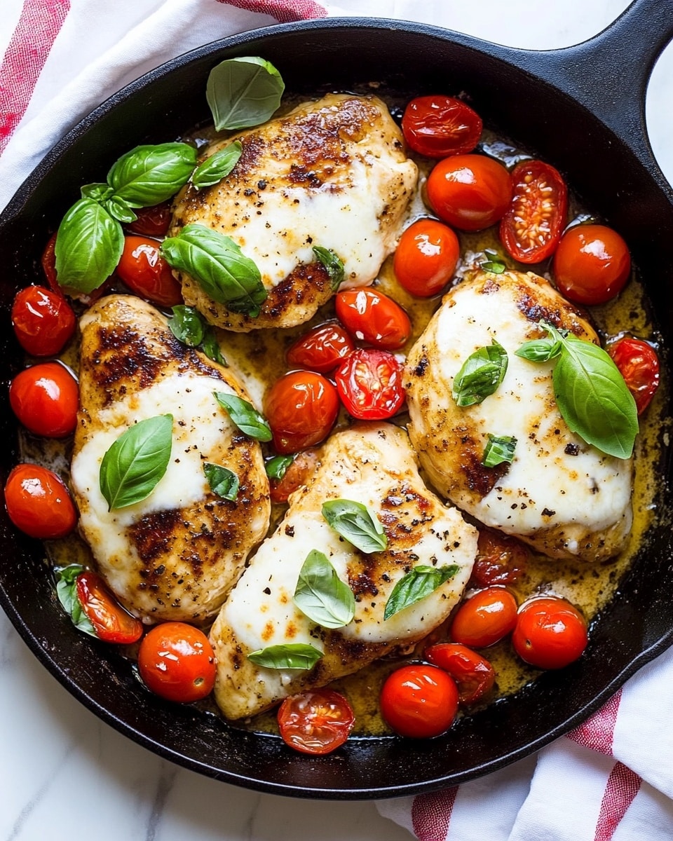 A black cast iron pan sits on a white marbled surface with four browned, cooked chicken pieces topped with melted white cheese and sprinkled with herbs. Bright red cherry tomatoes, some whole and some soft, are spread around the chicken, mixed with fresh green basil leaves. The textures show the crispy chicken skin under the smooth melted cheese, the juicy tomatoes, and the fresh basil adding a slightly rough green touch. A woman's hand is holding the pan handle, and a white cloth with red stripes is partially visible underneath the pan. Photo taken with an iphone --ar 4:5 --v 6.1