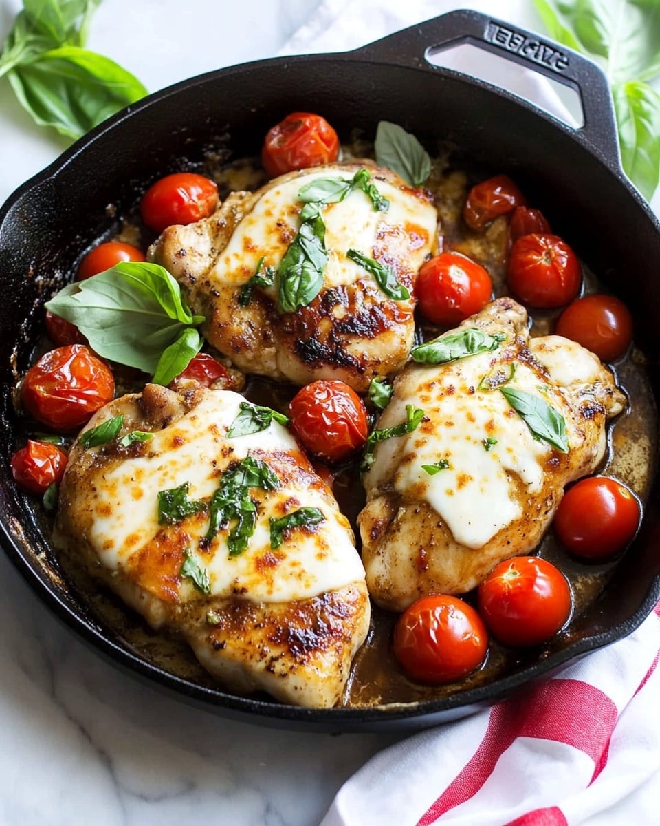 A black cast iron pan holds four browned chicken pieces, each topped with melted white cheese and green herb bits. Scattered around and on top of the chicken are bright red cherry tomatoes, some whole and some sliced, along with fresh bright green basil leaves. The pan is filled with a light brown sauce that surrounds the chicken, and the scene is set on a white marbled surface with a white cloth featuring a red stripe partially visible underneath the pan. Photo taken with an iphone --ar 4:5 --v 6.1