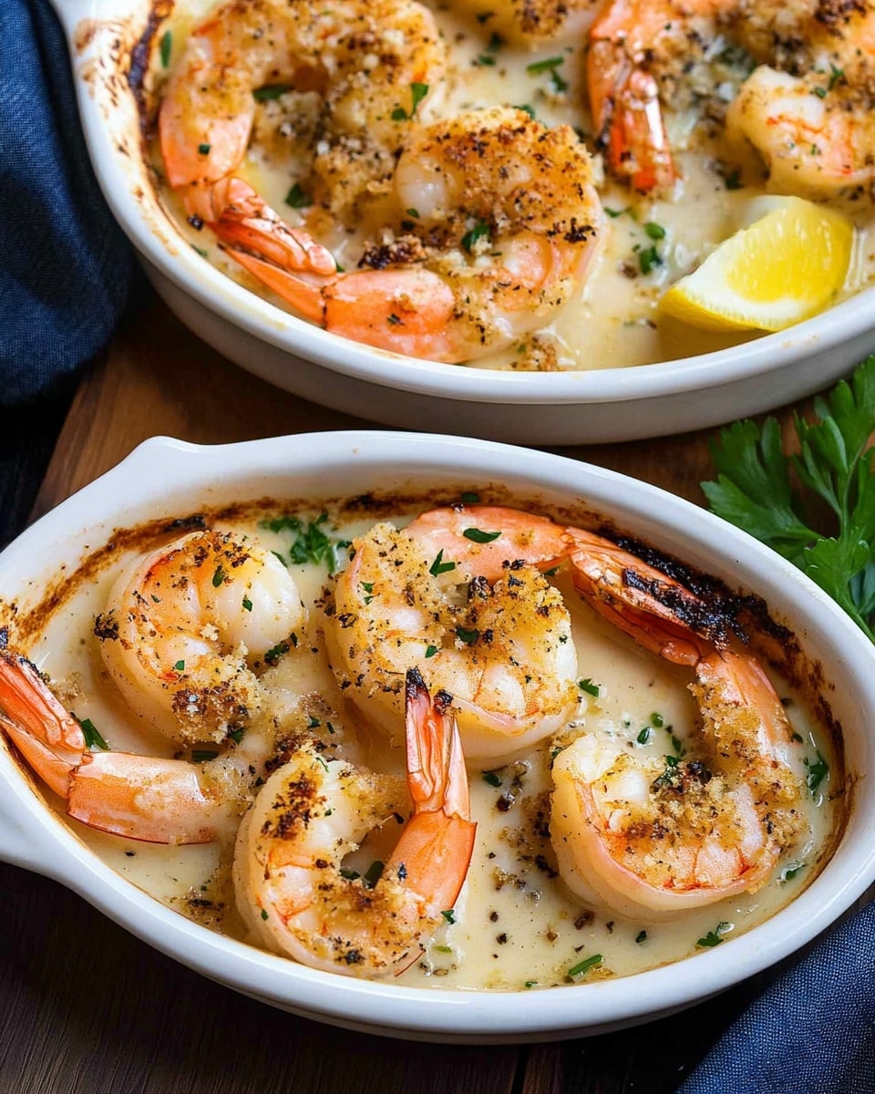 The dish shows a white oval casserole dish filled with large cooked shrimp arranged neatly in a single layer, with tails on and a bright orange-pink shell. The shrimp are topped with a golden brown crumbly layer that looks crunchy with small green herb bits sprinkled across it. Underneath, a light yellow buttery sauce spreads across the dish's base, adding shine and moisture to the shrimp. The casserole dish rests on a white marbled surface. photo taken with an iphone --ar 4:5 --v 6.1