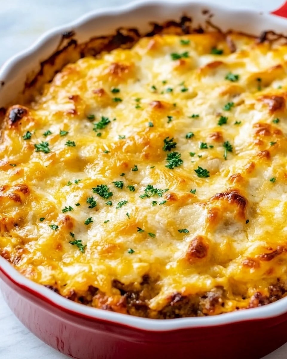The image shows a white baking dish with a red rim filled with a baked dish that has a thick, golden-yellow melted cheese layer on top. The cheese is bubbly and slightly browned in spots, with small green herb pieces sprinkled evenly across the surface. The filling underneath appears chunky with bits of cooked meat and vegetables visible under the cheese. The dish is on a white marbled surface that has soft, subtle veining. The photo taken with an iphone --ar 4:5 --v 6.1