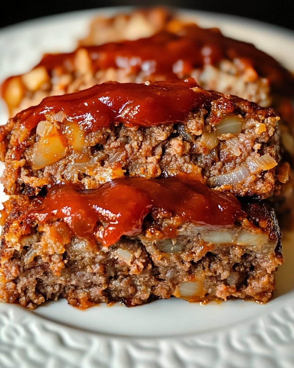 The image shows a sliced meatloaf on a white plate with a white marbled surface in the background. The meatloaf has four visible thick layers, each brown with a tender texture inside showing a light pink color, topped with a shiny red sauce glazing the entire top and some sauce dripping down the sides. Small green herbs are sprinkled on top and around the meatloaf, adding a fresh color contrast. A fork is holding one piece of the meatloaf near the left side of the plate. The photo taken with an iphone --ar 4:5 --v 6.1