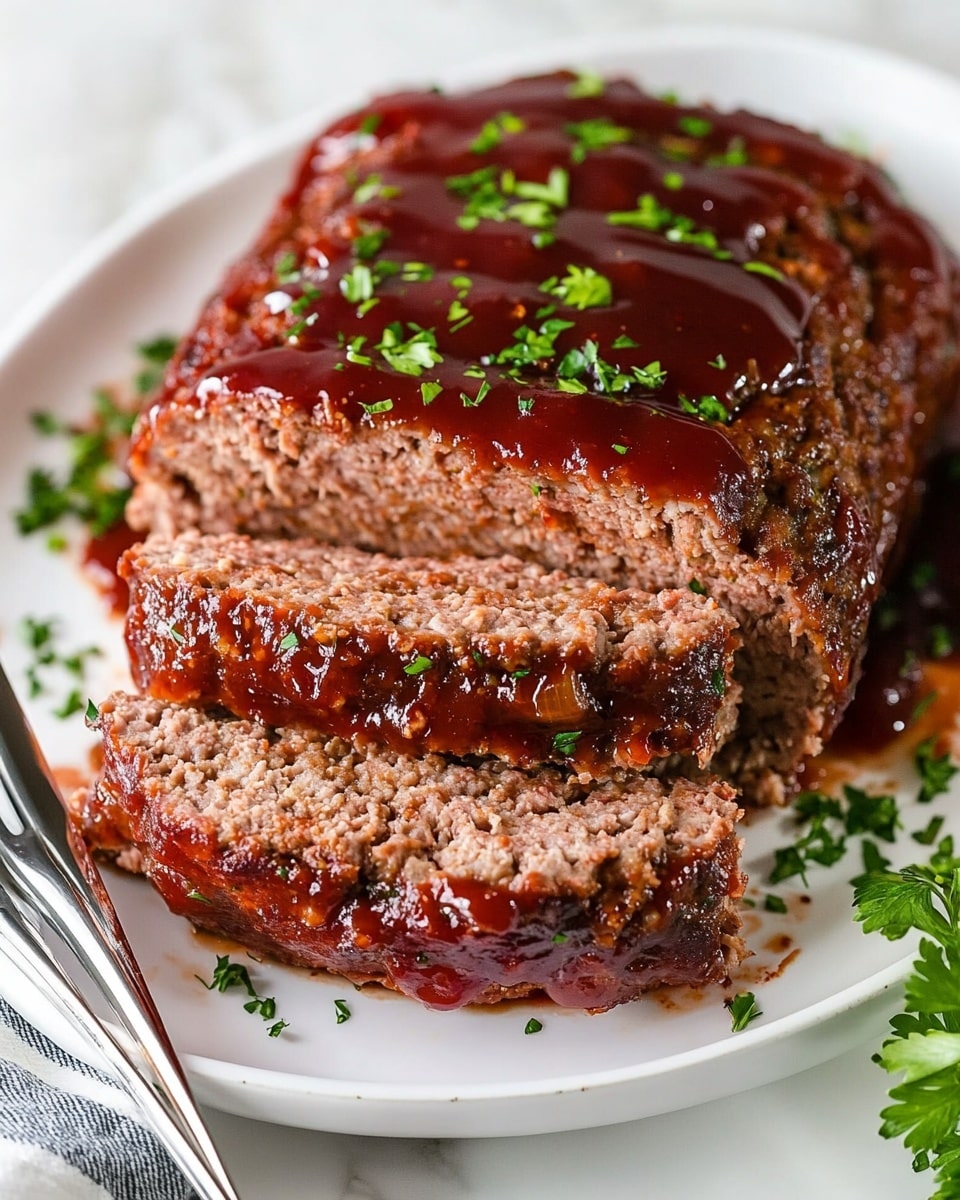 The image shows a close-up of three thick slices of layered meatloaf placed on a white plate, with the background changed to a white marbled texture. The meatloaf has a cooked brown outer crust with small bits of onion visible inside the dense, textured, dark brown meat layers. Each slice is topped with a thick, glossy red sauce that appears to be ketchup, spread unevenly across the top. The layers are thick and slightly crumbly, showing a mix of meat and hints of orange and white, likely from vegetables or binding ingredients. The photo taken with an iphone --ar 4:5 --v 6.1