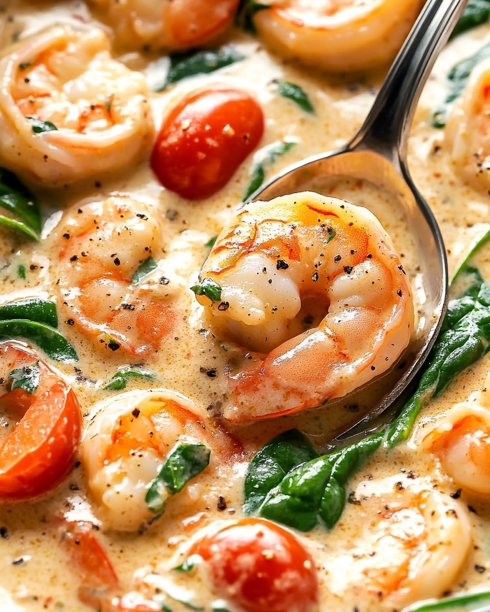 The image shows a rich creamy dish filled with plump orange shrimp and bright red cherry tomatoes scattered throughout. There are fresh green spinach leaves mixed in, adding a touch of color contrast. The creamy sauce is light beige with visible herbs and black pepper flakes, coating every ingredient smoothly. A metal spoon holds a shrimp, two cherry tomatoes, and spinach leaves, all covered in the sauce. The dish looks warm, fresh, and full of texture, set against a white marbled background. photo taken with an iphone --ar 4:5 --v 6.1