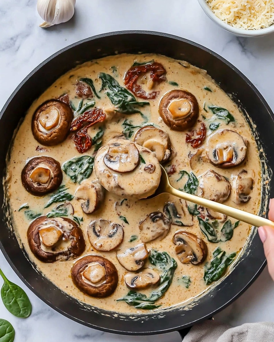 A black skillet filled with creamy sauce holding about ten medium brown mushrooms, some facing up showing swirled tops and others facing down, thickly covered in a beige cream sauce mixed with dark green spinach leaves and bits of reddish sun-dried tomatoes. A woman's hand is holding a gold spoon lifting one mushroom covered in sauce along with some spinach. The skillet is set on a white marbled textured surface with two garlic cloves at the top left and a white bowl filled with grated cheese at the top right. Photo taken with an iphone --ar 4:5 --v 6.1