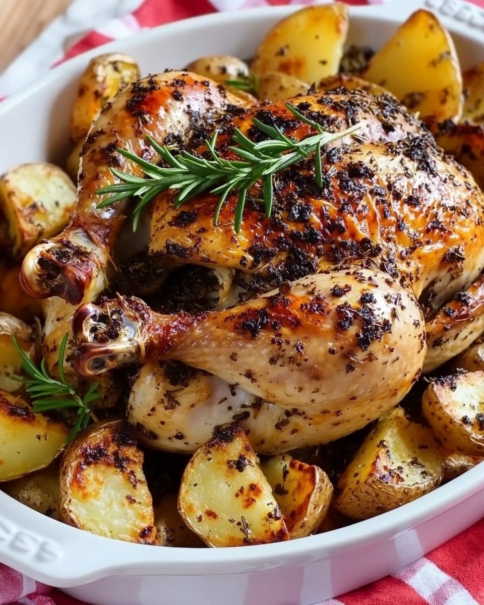 A whole roasted chicken with crispy, browned skin covered in small blackened herb bits sits in the center of a white oval dish. Around the chicken are golden roasted potato wedges with crispy edges. Fresh green sprigs of rosemary are placed on top of the chicken and scattered among the potatoes. The dish sits on a red and white checkered cloth, all set on a white marbled surface in the background. Photo taken with an iphone --ar 4:5 --v 6.1
