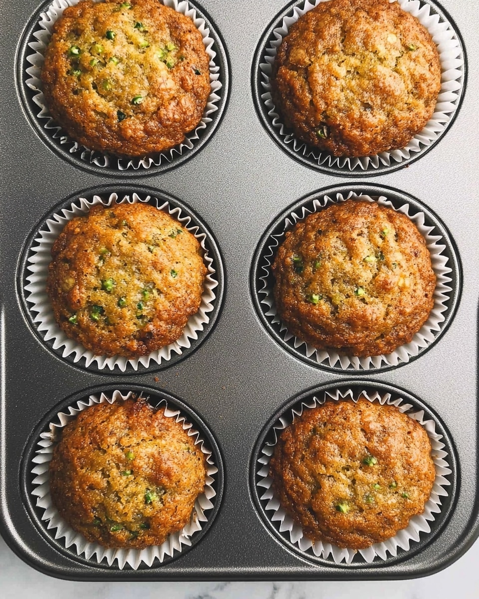 The image shows six baked muffins in a silver muffin tray. Each muffin has a golden brown top with a slightly rough texture and small green flecks, likely from herbs or vegetables mixed in. The muffins have a domed shape, and the paper liners around them have a white color with ridged edges. The muffin tray sits on a white marbled surface that softly reflects the light, emphasizing the warm color of the muffins. The focus is close-up and clear, capturing the details of the muffin tops and the metallic tray. Photo taken with an iphone --ar 4:5 --v 6.1