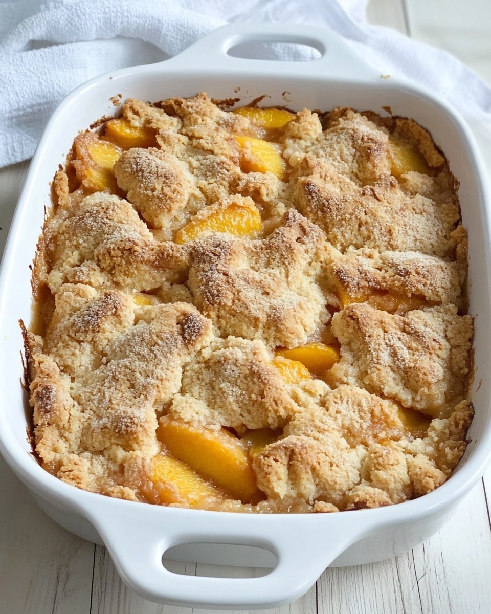 The image shows a baked peach cobbler in a white ceramic baking dish with handles, filled to the top with a rough, crumbly golden-brown crust mixed with soft, juicy orange peach slices. The cobbler surface has uneven clusters of dough and visible pockets of cooked peach, creating a textured and inviting look. The baking dish sits on a wooden surface with a white marbled texture visible in the background, and a white kitchen towel is gently draped nearby. The whole dish looks warm and fresh out of the oven. photo taken with an iphone --ar 4:5 --v 6.1