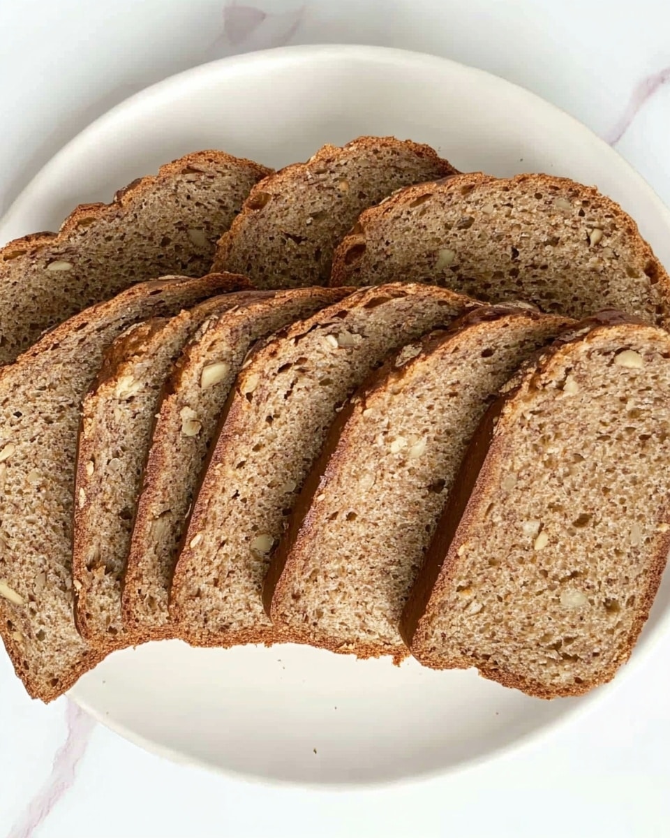 The image shows a loaf of bread sliced into eight pieces, arranged closely side by side on a white plate. The bread has a brown crust that is darker and slightly crisp, with a textured, light brown inside showing small bits and specks, suggesting the presence of nuts or seeds. The slices are thick and slightly uneven in size, with a dense and moist appearance inside. The background features a white marbled surface. Photo taken with an iphone --ar 4:5 --v 6.1