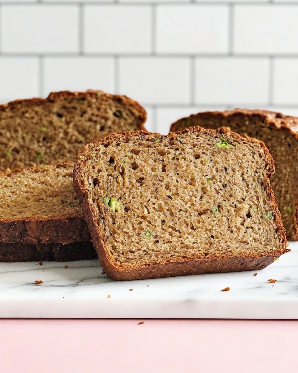 The image shows several slices of brown bread with visible small bits of green zucchini inside. The bread has a dark brown crust that looks firm and slightly uneven, while the inside is light brown with a dense, moist texture. The slices are placed on a smooth pink surface, which contrasts against the white marbled tabletop beneath. The background is a white tiled wall, adding a clean and simple look to the scene. Photo taken with an iphone --ar 4:5 --v 6.1