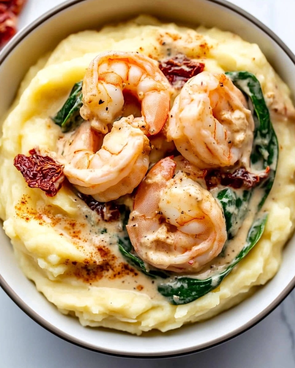 A bowl filled with creamy pale yellow mashed potatoes forming the base layer with a smooth, slightly swirled texture. On top, there are plump pink shrimp coated in a light orange creamy sauce. Mixed in are bright green spinach leaves and small pieces of sun-dried tomatoes adding deep red spots. The bowl itself is white, sitting on a white marbled surface. photo taken with an iphone --ar 4:5 --v 6.1