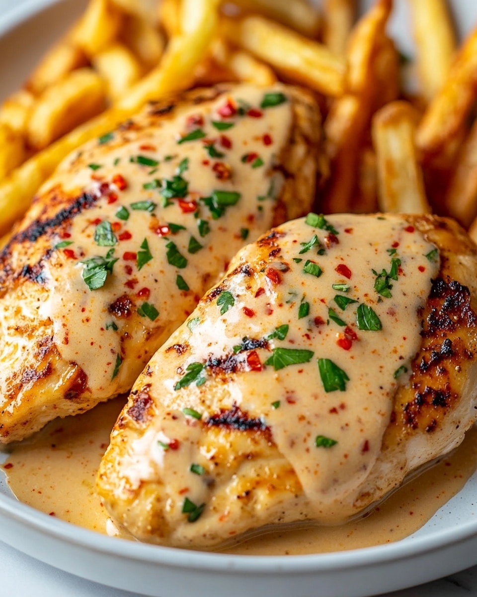 The image shows a white plate filled with two thick, golden brown grilled chicken fillets covered in a creamy sauce with small red chili flakes and green parsley sprinkled on top. The chicken sits on a base of crispy, golden French fries that fill the rest of the plate, some slightly out of focus in the background. The sauce pools lightly around the chicken, creating a glossy, slightly textured look. The entire dish rests on a white marbled surface, and the photo has a close-up, warm, and inviting appearance. photo taken with an iphone --ar 4:5 --v 6.1
