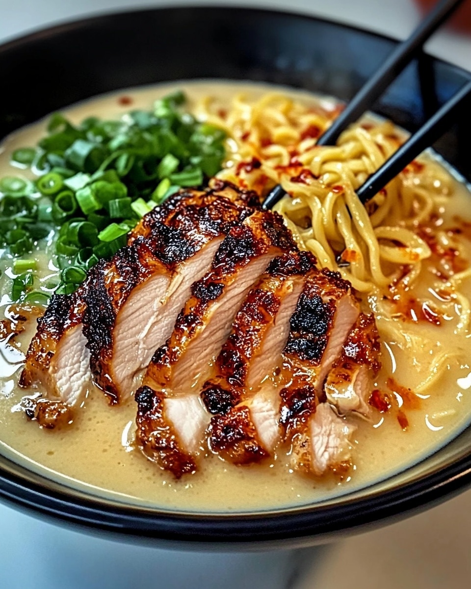 A white bowl holds a dish with three main layers: the bottom layer is creamy light yellow broth with a smooth texture, the middle layer is golden curly noodles slightly soaking in the broth, and the top layer is sliced golden-brown grilled chicken arranged neatly in the center, sprinkled with white sesame seeds. On top of the chicken is a pile of chopped bright green scallions, with some scallions scattered around the noodles. The bowl sits on a white marbled surface with a soft light shining from the side. Photo taken with an iphone --ar 4:5 --v 6.1