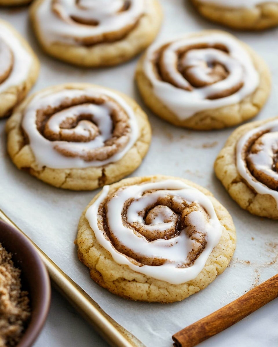 A close-up view of soft, round cookies arranged in a white rectangular dish on a white marbled surface, each cookie showing a spiral pattern that looks like cinnamon swirls coated in light brown sugar and a smooth layer of white glaze icing on top. The cookies have a golden-baked color with cracked edges and a slightly shiny texture from the glaze, filling the frame with three visible cookies stacked side by side, giving a warm and cozy feeling. photo taken with an iphone --ar 4:5 --v 6.1