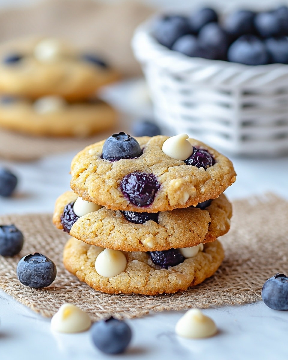 A close-up view of three golden brown cookies with white chocolate chips and blueberries mixed throughout, with one cookie leaning on the other two on a coarse woven mat placed over a white marbled surface. The cookies have a soft, bumpy texture with visible white chocolate chips and dark purple blueberry pieces that add contrast, while a few white chocolate chips and fresh blueberries lie scattered around the base of the cookies. The background is softly blurred, focusing on the details of the cookie at the front, showing its slightly raised, warm, and inviting surface, photo taken with an iphone --ar 4:5 --v 6.1